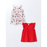 Bisiklet Yaka Çiçekli Kız Çocuk Günlük Elbise 2'li - Bright Red - 6 - 9 Ay