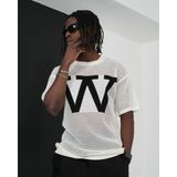 Bisiklet Yaka Fileli Kendinden Desenli Pamuklu Oversize Tişört Nefes Alan Kumaş Salaş T-Shirt - Beyaz