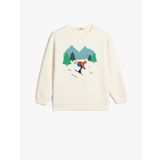 Bisiklet Yaka Kayak Baskılı Şardonlu Pamuklu Sweatshirt