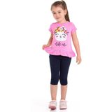 Bisiklet Yaka Kedi Baskılı Pembe Renk Kız Çocuk Taytlı Takım - 5 - 6 Yaş