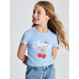 Bisiklet Yaka Kiraz Baskılı Kız Çocuk Crop Tişört (S5) - 11 - 12 Yaş - Blue