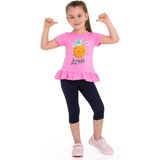 Bisiklet Yaka Kısa Kol Ananas Baskılı Pembe Renk Kız Çocuk Taytlı Takım - 4 - 5 Yaş