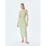Bisiklet Yaka Kolsuz Slim Fit Dokulu Drapeli Uzun Elbise