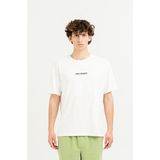 Bisiklet Yaka Sırtı Baskılı %100 Pamuk Oversize Erkek T-Shirt - Ekru
