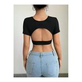 Bisiklet Yaka Siyah Renk Desensiz Sırtı Açık Fitilli Kısa Kol Likralı Fit Crop Top Bluz