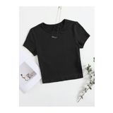 Bisiklet Yaka Siyah Renk Fitilli Kısa Kollu Slim Fit Crop Top Bluz