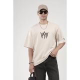 Bisiklet Yaka Taşlı Logo Detaylı Oversize Kalıp Erkek Tişört - Bej - 2XL