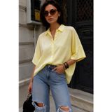 Bisou Tereyağ Sarı Oversize Gömlek Kadın Dökümlü Yarım Kollu Yazlık Şık Gömlek