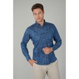 Bisse Erkek Uzun Kollu Spor Yaka Floral Desenli Denim Gömlek GMJEAN252168_D39 - 2XL - Lacivert