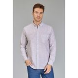 Bisse Regular Fit Paşa Yaka Çizgili Kahve Pamuk Keten Erkek Gömlek GMKTN3PS224008_D11