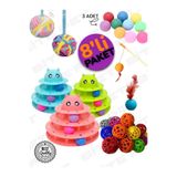 bite pet 8'Lİ OYUN SETİ: 3 KATLI KEDİ OYUNCAĞI+TÜYLÜ TOP+KEDİ OLTASI+YUMAK TOP+ZİLLİ TOP+ 3 ADET OYUN TOPU
