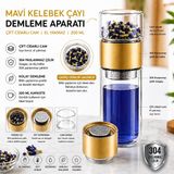 Bitki Çayı Demleme Termosu gold Çift Cidarlı Cam 200 ml | 304 Paslanmaz Çelik Süzgeç, El Yakmaz