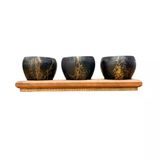 Bitki Tasarımı Black Marble Premium 3'Lü Sukulent Kaktüs Saksı | Ahşap Standlı Dekoratif Saksılık