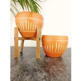Bitki Tasarımı Dik Çizgi Desenli Terrakota Toprak Saksı Saksılık Salon Çiçeklik İkili Set Ayaksız - 4 Ayaklı- 15 Cm