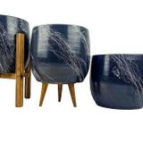 BİTKİ TASARIMI EV DEKORASYON AKSESUAR GRİ ÜZERİ BEYAZ MERMER EFEKTLİ TOPRAK SAKSI SAKSILIK SALON ÇİÇEKLİK ÜÇLÜ SET- 19 CM