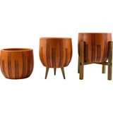 Bitki Tasarımı Ev Dekorasyon Aksesuar Siyah Çizgi Desenli Toprak Saksı Saksılık Salon Çiçeklik İkili Set Ayaksız - 3 Ayaklı- 19 CM - Kiremit