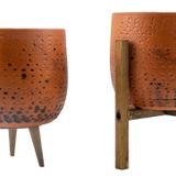 Bitki Tasarımı Ev Dekorasyon Aksesuar Siyah Nokta Desenli Toprak Saksı Saksılık Salon Çiçeklik İkili Set 3 Ayaklı- 4 Ayaklı- 19 CM