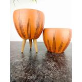 BİTKİ TASARIMI EV DEKORASYON SİYAH ÇİZGİ DESENLİ TERRAKOTA TOPRAK SAKSI SAKSILIK SALON ÇİÇEKLİK İKİLİ SET AYAKSIZ - 3 AYAKLI- 15 CM