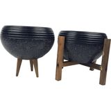 Bitki Tasarımı Ev Dekorasyon Siyah Granit Küp Aranjman Saksı Saksılık Salon Çiçeklik İkili Set (3 Ayak-4 Ayak) - Siyah Mermer