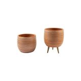 Bitki Tasarımı Ev Dekorasyon Yan Çizgi Desenli Terrakota Toprak Saksı Saksılık Salon Çiçeklik Ikili Set Ayaksız - 3 Ayaklı- 15 cm - Adaçayı Yeşili