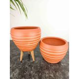BİTKİ TASARIMI EV DEKORASYON YAN ÇİZGİ DESENLİ TERRAKOTA TOPRAK SAKSI SAKSILIK SALON ÇİÇEKLİK İKİLİ SET AYAKSIZ - 3 AYAKLI- 15 CM
