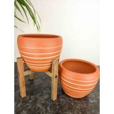 BİTKİ TASARIMI EV DEKORASYON YAN ÇİZGİ DESENLİ TERRAKOTA TOPRAK SAKSI SAKSILIK SALON ÇİÇEKLİK İKİLİ SET AYAKSIZ - 4 AYAKLI- 15 CM