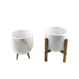 Bitki Tasarımı Mermer Efektli Beyaz Üzeri Gold 19 cm Toprak Saksı İkili Set
