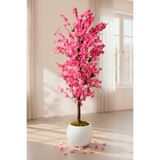 Bitkidunyam Yapay Pembe Bahar Dalı Ağacı, 160 cm, Gerçek Gövdeli, İç ve Dış Mekan için, Beyaz Küre Saksılı
