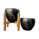 bitkitasarımı BİTKİ TASARIMI EV DEKORASYON SİYAH ÜZERİ GOLD MERMER EFEKTLİ TOPRAK SAKSI SAKSILIK SALON ÇİÇEKLİK İKİLİ SET AYAKSIZ - 4 AYAKLI- 15 CM