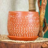 Bitkitasarımı Ev Dekorasyon Beyaz Nokta Desenli Doğal Tabaklı Terracota Toprak Saksı Saksılık Salon Çiçeklik 19 CM