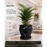 BitkiTÜRK Mermer Efektli Beton Saksı ve Altlık Seti 24X22 cm Siyah Dekoratif Büyük Boy Iç Mekan Saksısı Salon Balkon Ofis Bitki Saksısı
