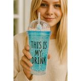 biton cool temalı buzlu cam görünümlü mavi suluk pipetli 450 ml çift katman mika su şişesi 2742