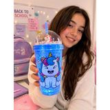 Biton Toptan LED Işıklı Mavi Unicorn Tasarımlı Pipetli Suluk – Hediyelik Buz Görünümlü 450 ml Çift Katman 2646