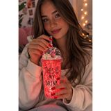 Biton Toptan My Drink Temalı LED Işıklı Pipetli Suluk Buz Görünümlü 450 ml Çift Katman Mika Su Şişesi 2642 Krmz - Antrasit - Kırmızı - 1