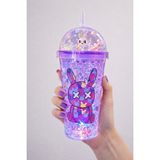 Biton Toptan Pipetli Suluk Tavşan Temalı Buz Görünümlü LED Işıklı 450 ml Çift Katman Mika Su Şişesi 2087 Mor