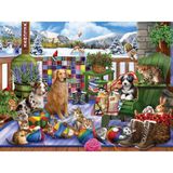 Bits and Pieces - Yetişkinler için 500 Parça Yapboz 45,72 cm x 60,96 cm - Veranda Evcil Hayvanları Eğlenceli - 500 adet Kış Köpek Kedi İpliği Yapboz Sanatçı Mary Thompson'dan