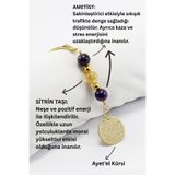 biuti Doğal Taşlı Metal Ayetel Kürsi Dualı Araba Dikiz Ayna Süsü, Ametist ve Sitrin Taşı