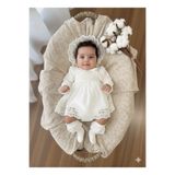 BİYA BABY ORGANİK MÜSLİN KUMAŞLI DANTEL DETAYLI EKRU BEBEK MEVLİT ELBİSE SETİ
