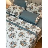 Biye ve Pat Detaylı Çiçek Desenli %100 Pamuk Çift Kişilik Nevresim Takımı 6 Parça Set - Indigo - 200 x 220 cm