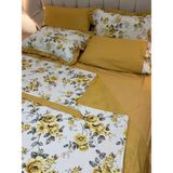 Biye ve Pat Detaylı Çiçekli Çift Taraflı %100 Pamuk Çift Kişilik Nevresim Takımı 6 Parça Set - Hardal - Ekru - Hardal - 200 x 220 cm