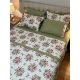 Biye ve Pat Detaylu Çiçekli Çift Taraflı %100 Pamuk Çift Kişilik Nevresim Takımı 6 Parça Set - Yeşil - 200 x 220 cm