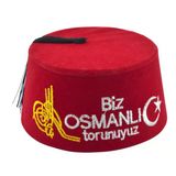 Biz Osmanlı Torunuyuz Yazılı Püsküllü Kırmızı Erkek Fesi 9Cm Kısa