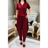 bizim butik Kadın Kırmızı Fermuarlı ve Cepli Bluz Şalvar Takımı. Standart Beden 50 Kilodan 100 Kiloya Kadar Rahat Olur