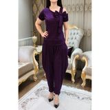 bizim butik Kadın Mor Taşlı Fiyonk Detaylı Bluz Şalvar Takımı. Standart Beden 50 Kilodan 100 Kiloya Kadar Rahat Olur