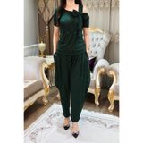 bizim butik Kadın Yeşil Taşlı Fiyonk Detaylı Bluz Şalvar Takımı. Standart Beden 50 Kilodan 100 Kiloya Kadar Rahat Olur