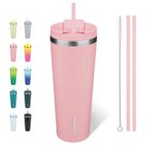 BJPKPK 26 oz Kapaklı ve Pipetli Bardak Paslanmaz Çelik Seyahat Kahve Kupası Yalıtımlı Bardak Bardaklar, Açık Pembe
