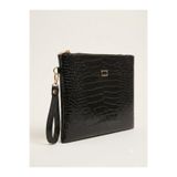 BK Bags & Accessories Orta Boy Siyah Kroko Timsah Desen Portföy Clutch Kadın El Çantası