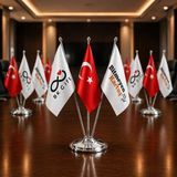 BK Gift 10 Adet Logonuza Özel Üçlü Masaüstü Bayrak Seti Türk Bayrağı ve Firma Logolu Bayrak 33 cm - Gümüş