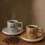Bk Gift 2'li Gümüş ve Gold Renkli Emoji Yüz Tasarımlı Seramik Türk Kahvesi Fincanı Takımı-1