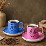 Bk Gift 2'li Mavi ve Pembe Renkli Emoji Yüz Tasarımlı Seramik Türk Kahvesi Fincanı Takımı-1